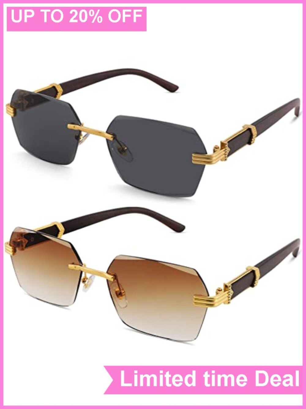 Rimless Rectangle Sunglasses UV400 Polarized Retro Y2K Shades